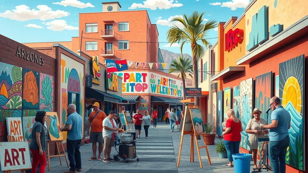 mesa arizona business directory colorful art district, artists painting murals, vibrant open-air galleries