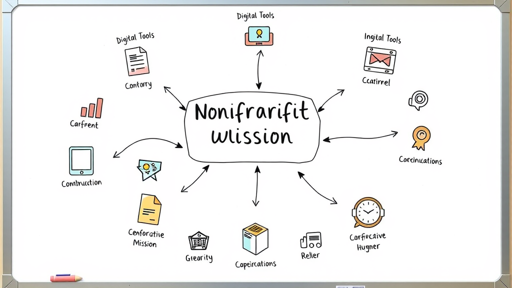 Diagram showing connections between nonprofit mission, digital tools, and communications channels with dynamic flow in a nonprofit digital strategy context.
