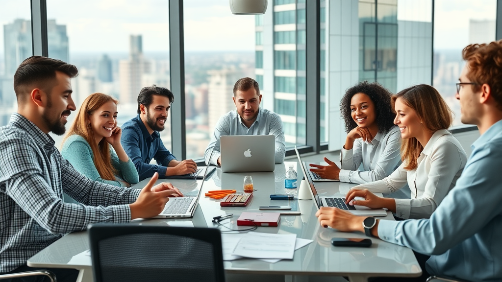 dynamic team of digital marketers collaborating using content marketing tips in a modern office setting, brainstorming for audience growth