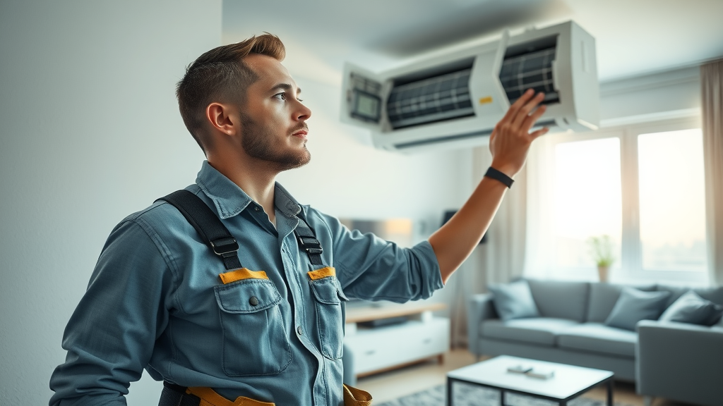 AC installation repair technician servicing air conditioner in a modern living room