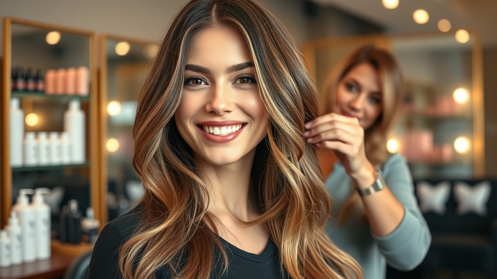 Woman with balayage hair smiling in modern Ocala FL salon, hair color service.