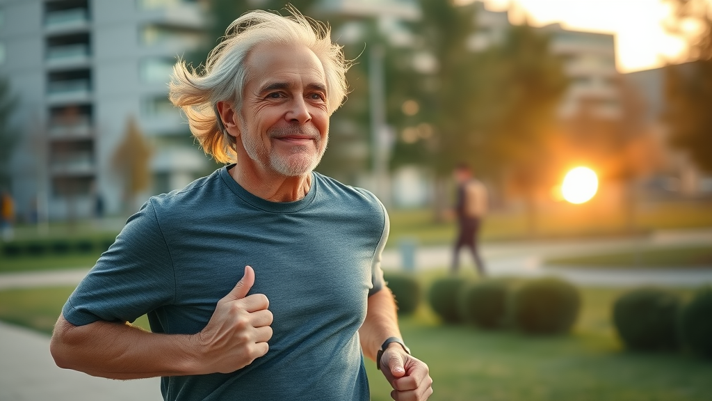 Confident middle-aged person jogging outdoors, visibly healthy and energetic, modern city park, sunrise, lifelike high fidelity