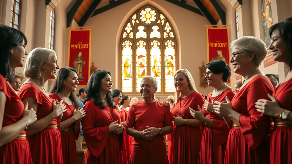 Church members in red after Pentecost Sunday service, exchanging smiles and celebrating the Holy Spirit