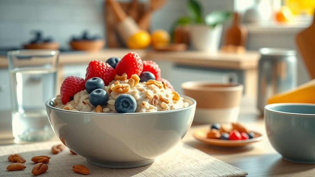 inviting healthy breakfast scene with oatmeal, fresh berries, and nuts, heart health and diabetes superfoods