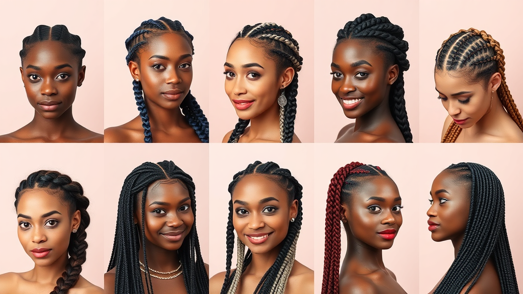 Collage of diverse braided hairstyles, Filipino women displaying Box Braids, Cornrows, Fishtail, Waterfall, French, Dutch, and Micro Braids, extremely detailed hair textures, soft diffused lighting