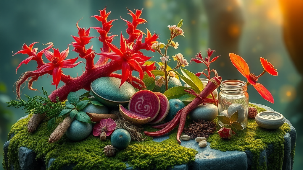 Vibrant ginseng, schisandra, dang gui, he shou wu, and rehmannia arranged in a fantasy forest, representing adaptogenic chinese herbs for hormone balance.