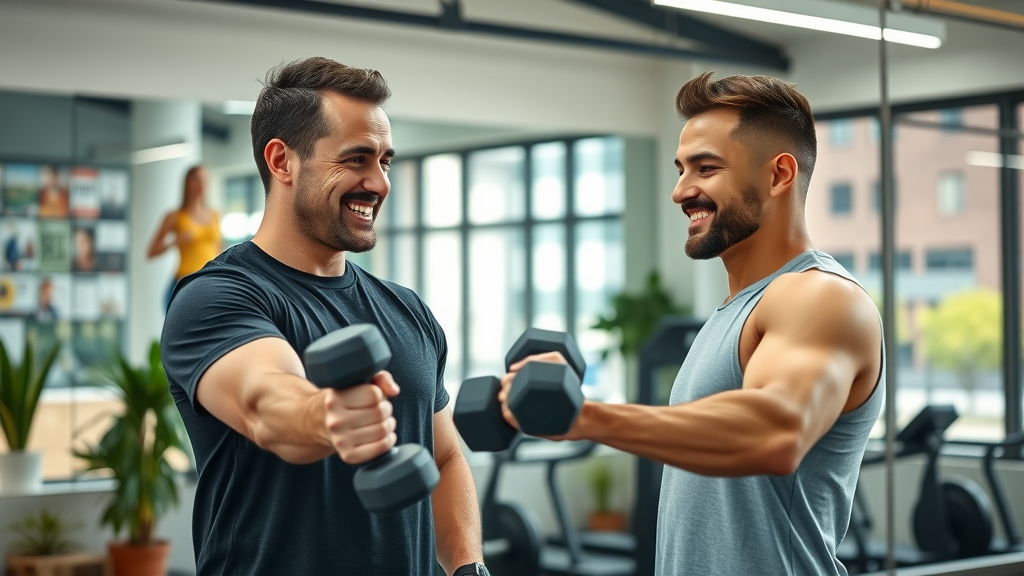 Personal trainer helps man at fitness center for fast results and motivation