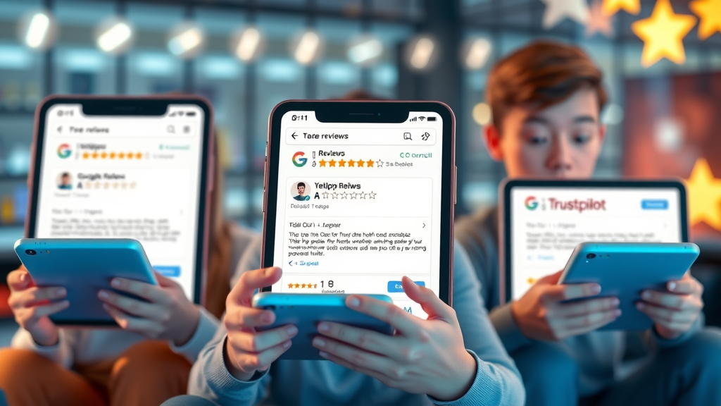 Popular review platforms like Google reviews, Yelp, Trustpilot displayed on digital devices, highlighting customer reviews and reputation trust factors