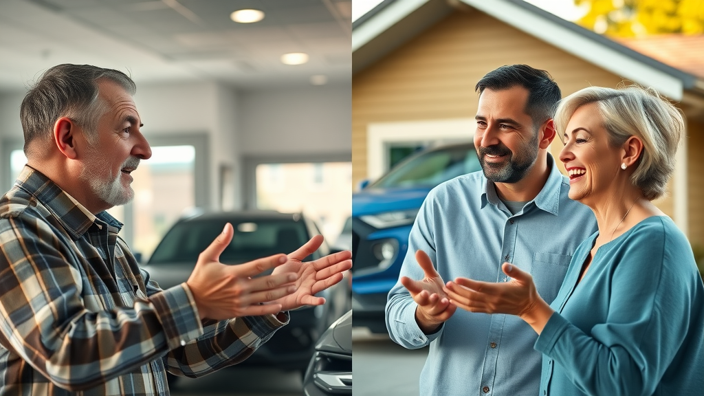 Split-scene comparison: frustrated seller negotiating at traditional dealership; relaxed seller meeting happy buyer via RV Wheeler process