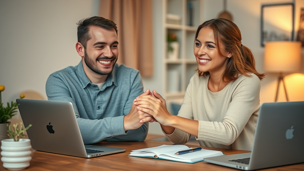 hopeful couple holding hands guided by online therapist through counseling session