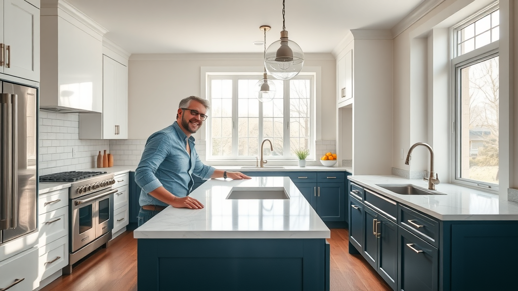 Upgraded kitchen with bright modern design and happy homeowner enjoying results
