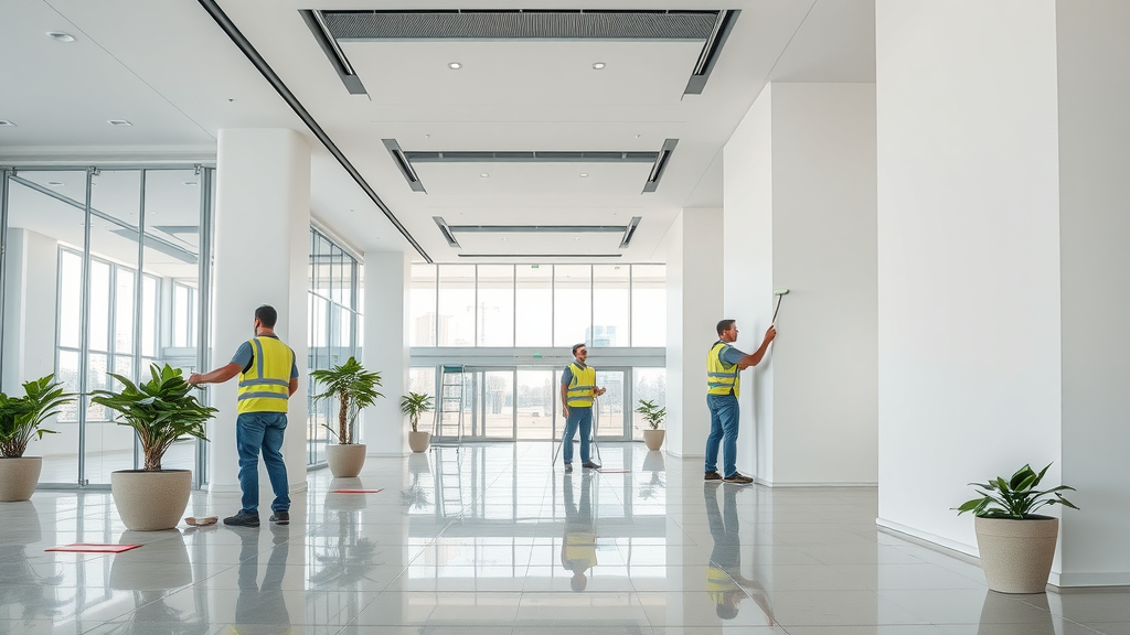 Expert team applying commercial painting solutions in modern business lobby