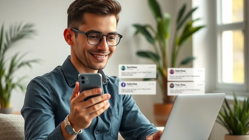 Confident entrepreneur monitoring social media reputation management notifications