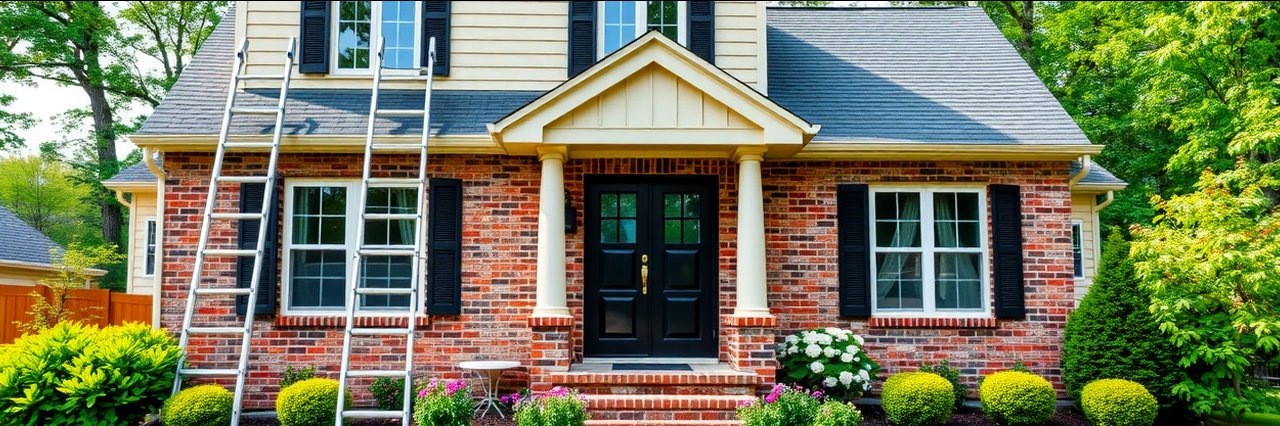 Suburban home with siding and carpentry work, brick facade, and ladders outside.