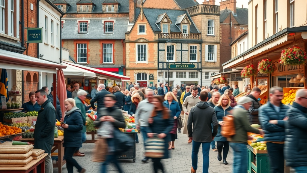 Vibrant bustling Monmouthshire market square featuring monmouthshire first to market street food, high street activity, and local produce vendors with autumn color palette and historic town backdrop.