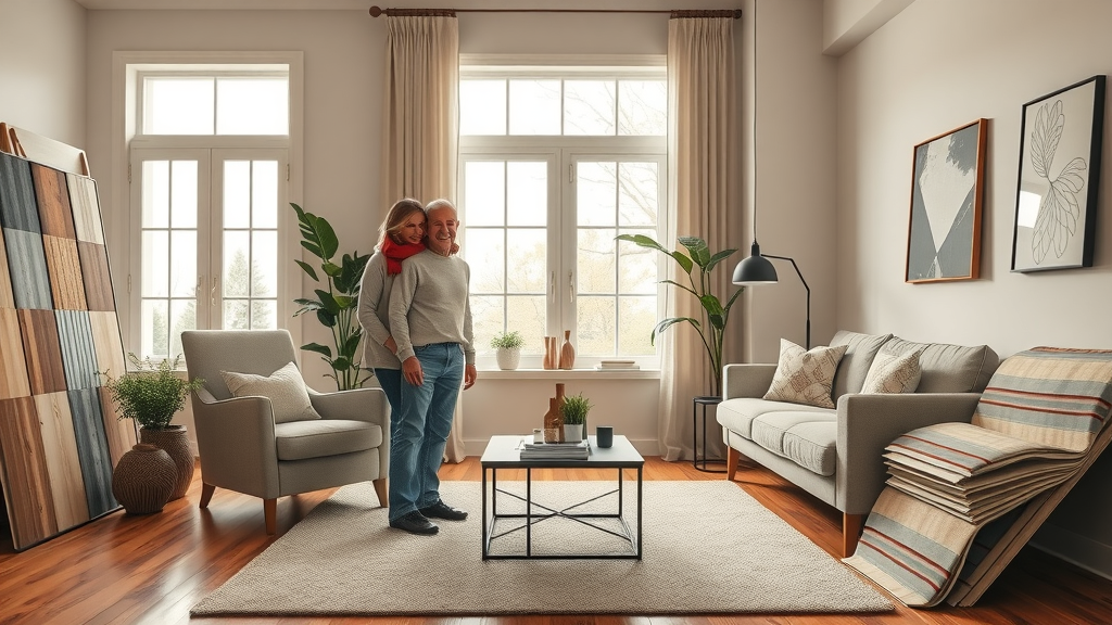 Contemporary living room showcasing different flooring types and styles