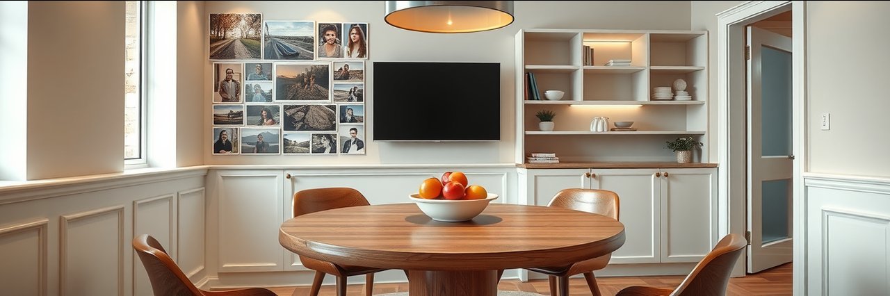 Cozy dining nook with modern round table, wainscoting, and wall photo collage