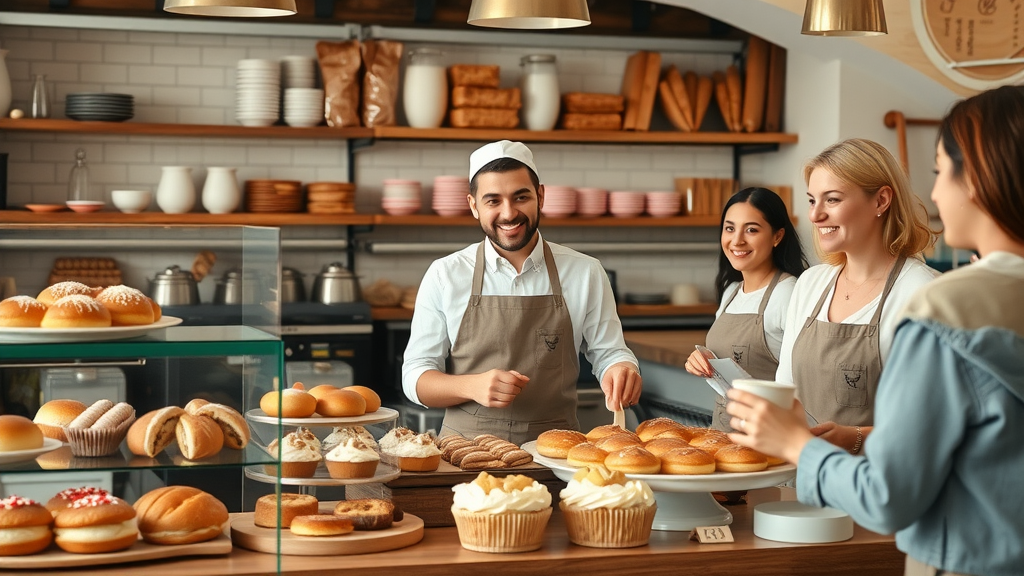 Sisters Bakery - bakery counter display, artisan pastries, and breads with happy local customers