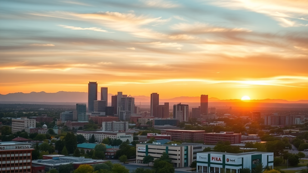 Mesa Arizona business directory - panoramic cityscape, business banners, uplifting sunrise, vibrant Mesa local spirit