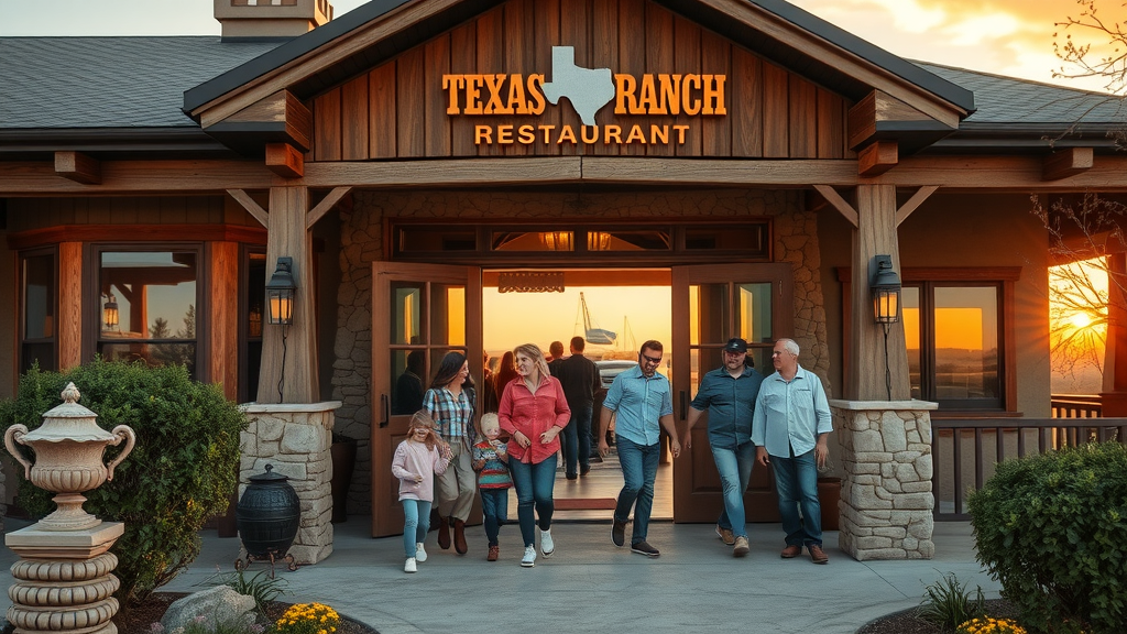 Ranch at Las Colinas restaurant Irving Texas natural wood stone exterior with guests entering