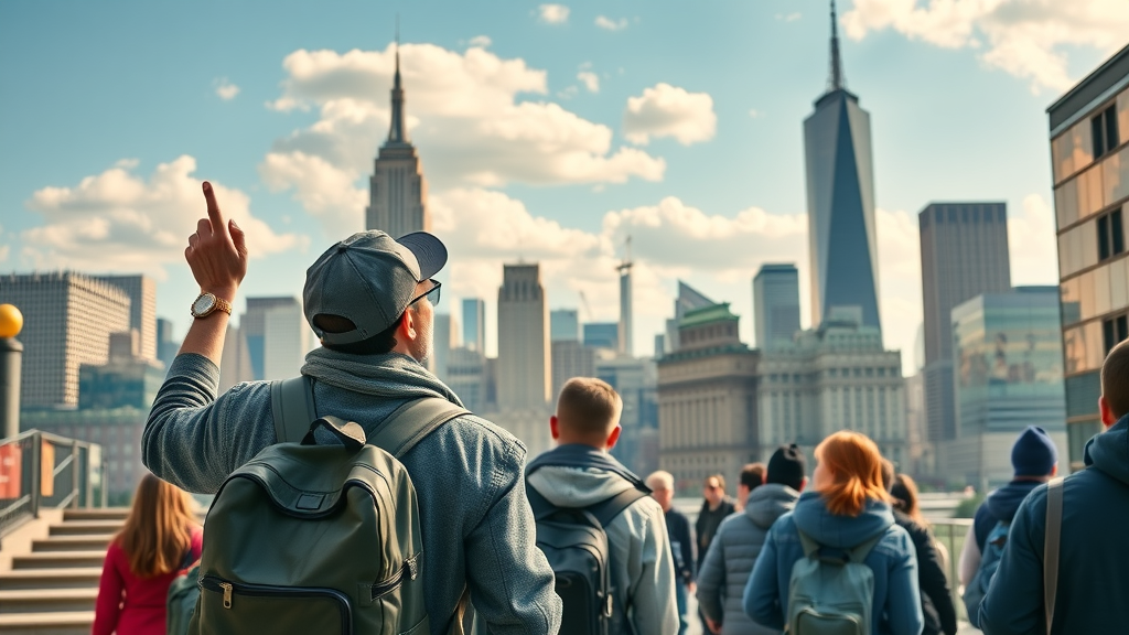 enthusiastic international tourists, exploring american cities, tourism in united states, urban skyline, bustling street scenes, highly detailed, bright colors