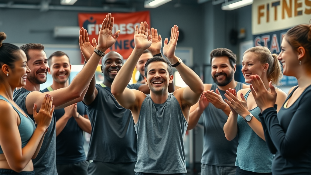 Supportive fitness community celebrating goals with diet and exercise routines