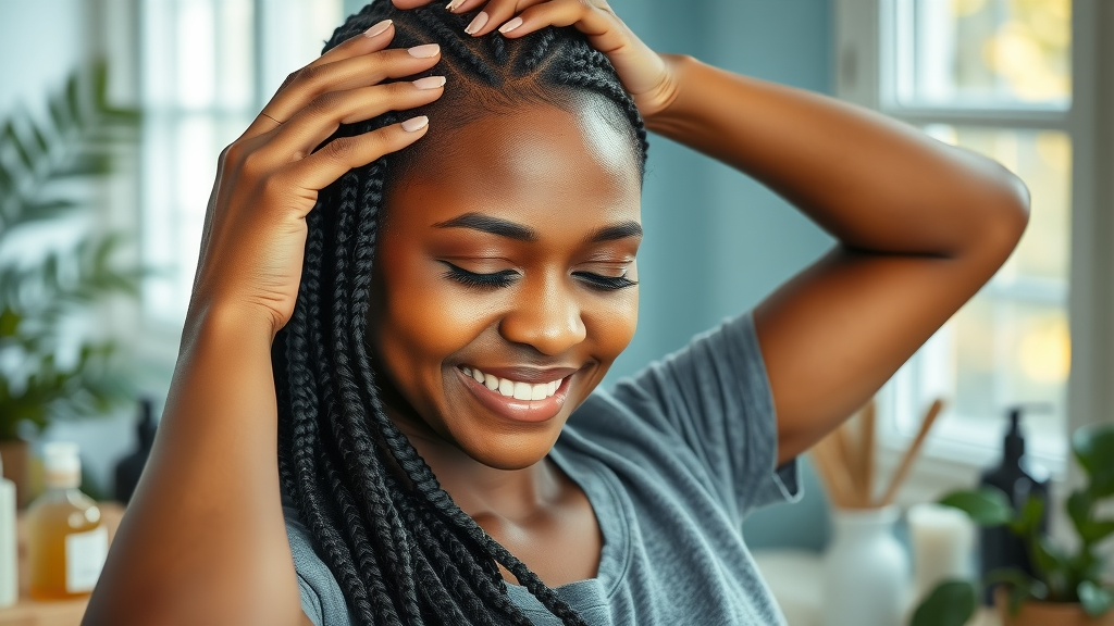 Relaxed woman caring for her braids at home, scalp massage with oil, clean vanity and hair care products