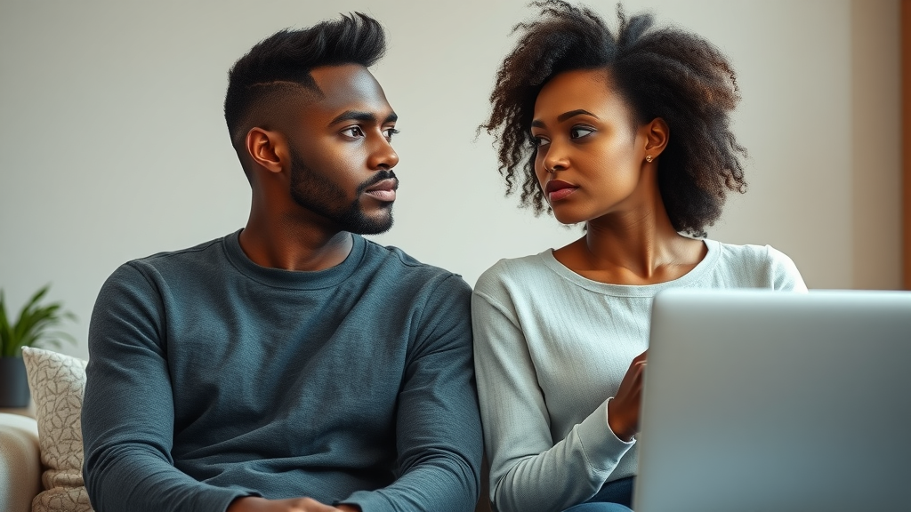 diverse couple considering couples infidelity counselling with laptop in modern home