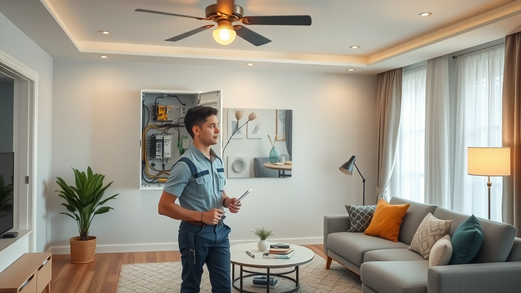 Licensed electrician inspecting home electrical panel for safety and efficiency.