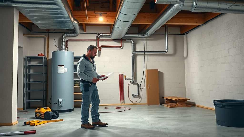 Professional technician inspects new water heater installation in basement