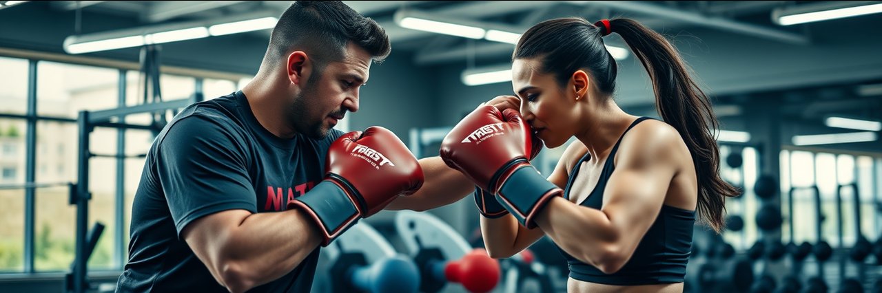 Personal training Denver - energetic gym session with trainer and client boxing