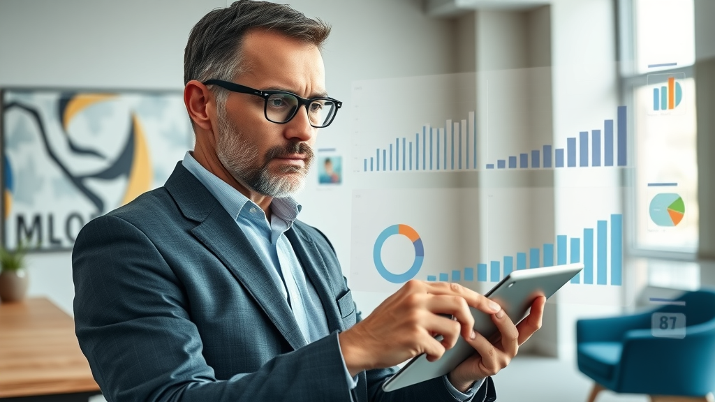 Business leader tracking KPIs and analytics for brand reputation online improvement