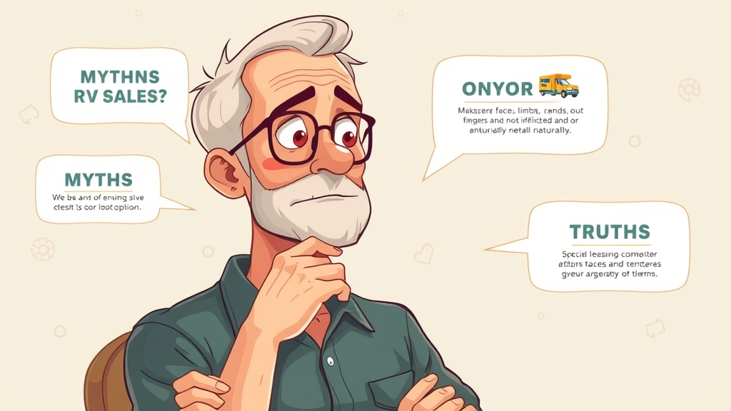 Thoughtful RV owner considering sales options with infographic visualizing myths and truths about RV sales