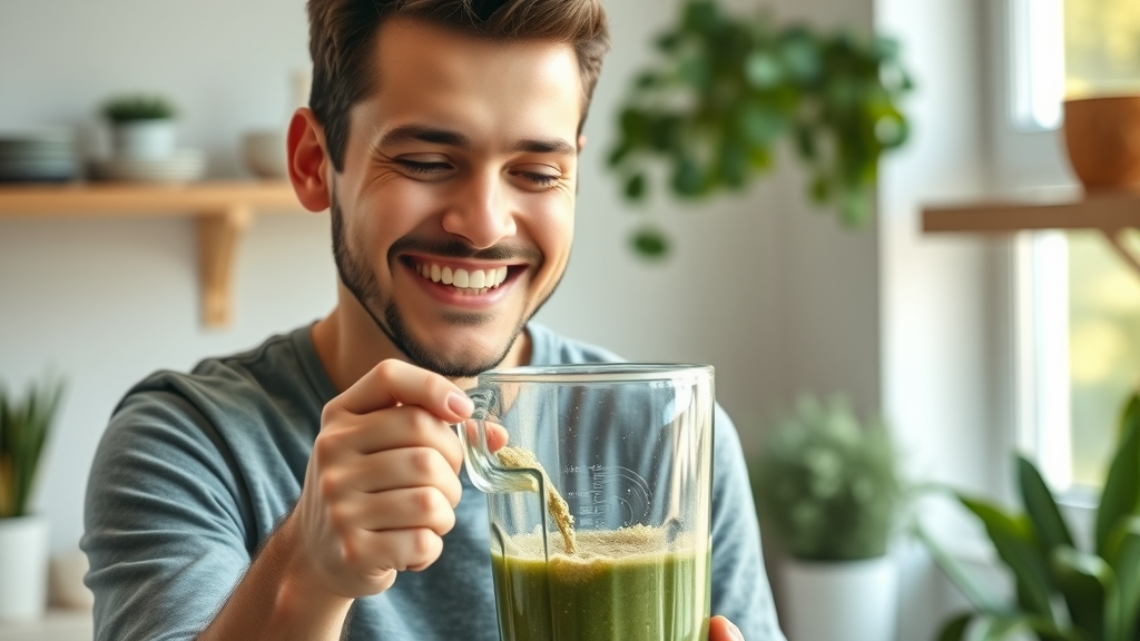 Adult pouring Liveden Balance Superfood powder into a smoothie blender in a bright kitchen