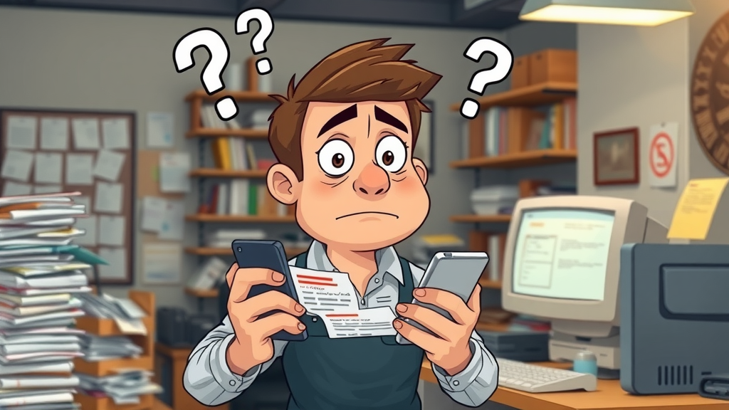 worried shop owner reviewing website errors on mobile, cartoon illustration, SEO mistakes for small businesses