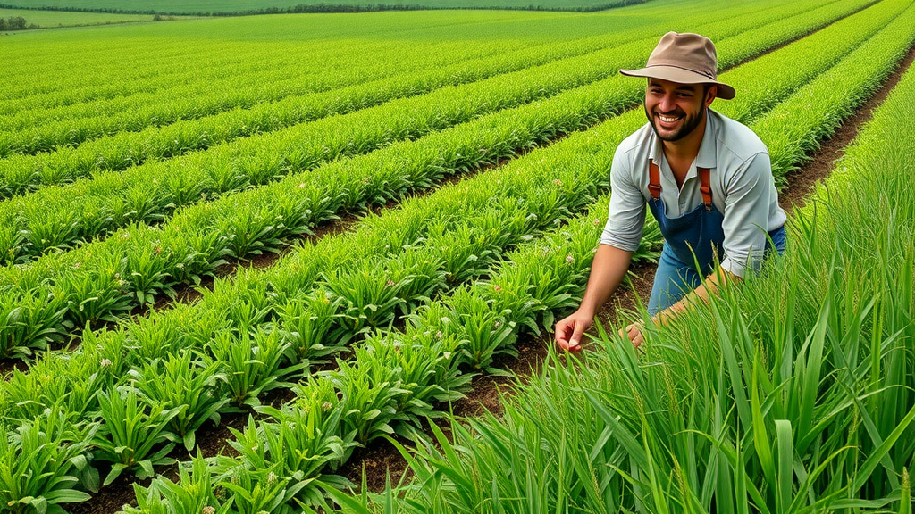 lush, productive farmland with vibrant green cover crops and farmers observing soil as part of regenerative farming