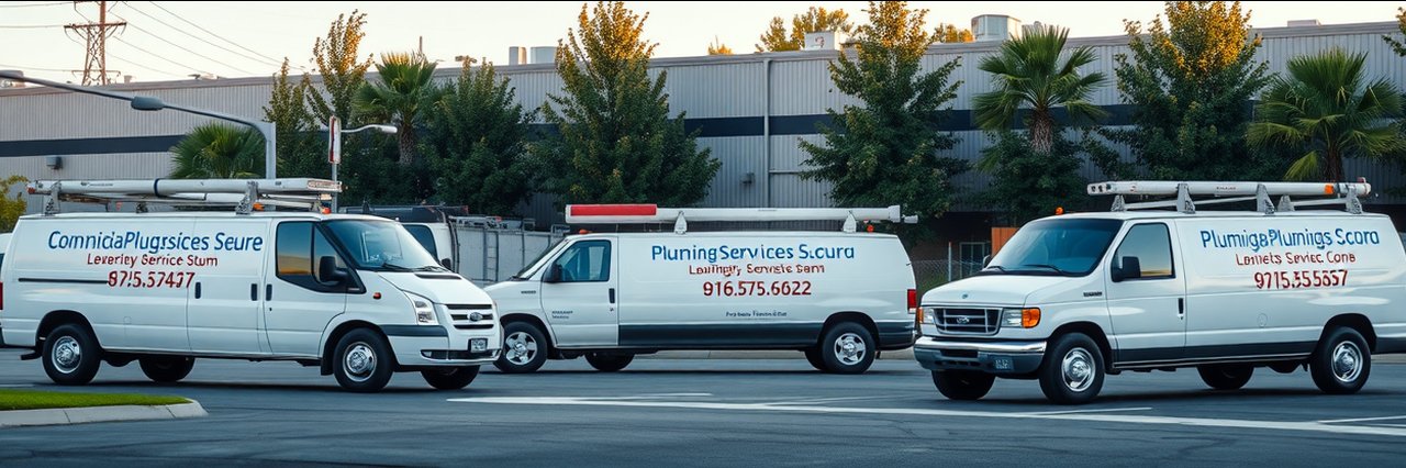 Emergency Plumbing Services trucks parked outside warehouse in early morning