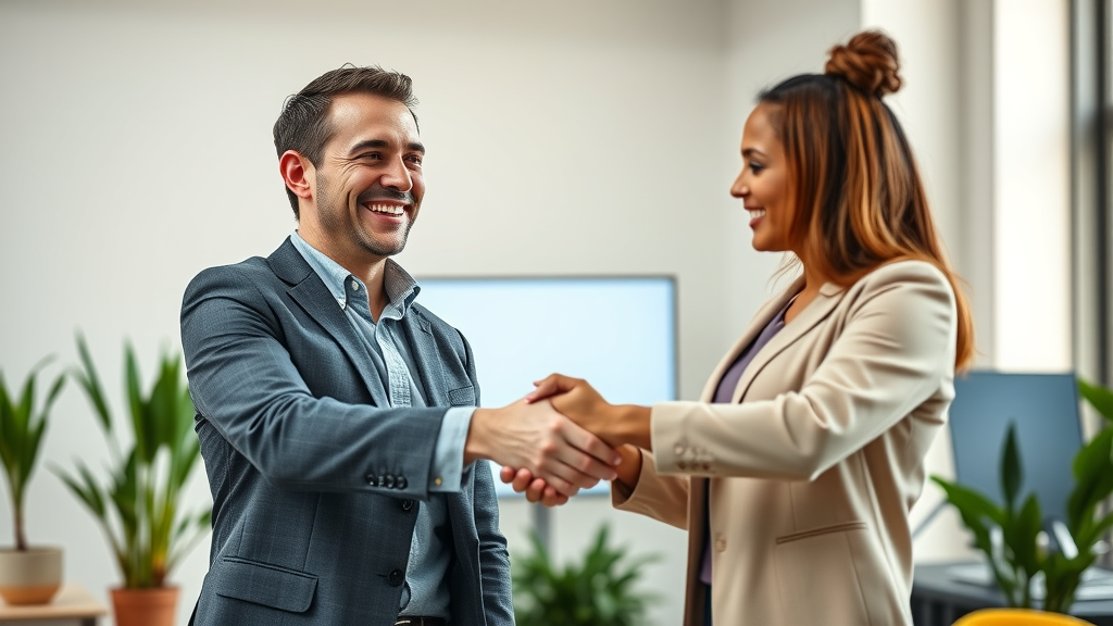 Business leader collaborating joyfully with influencer, elevating brand through influencer marketing impact