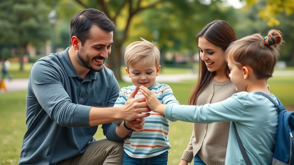 Parents and children participating in a trust-building exercise