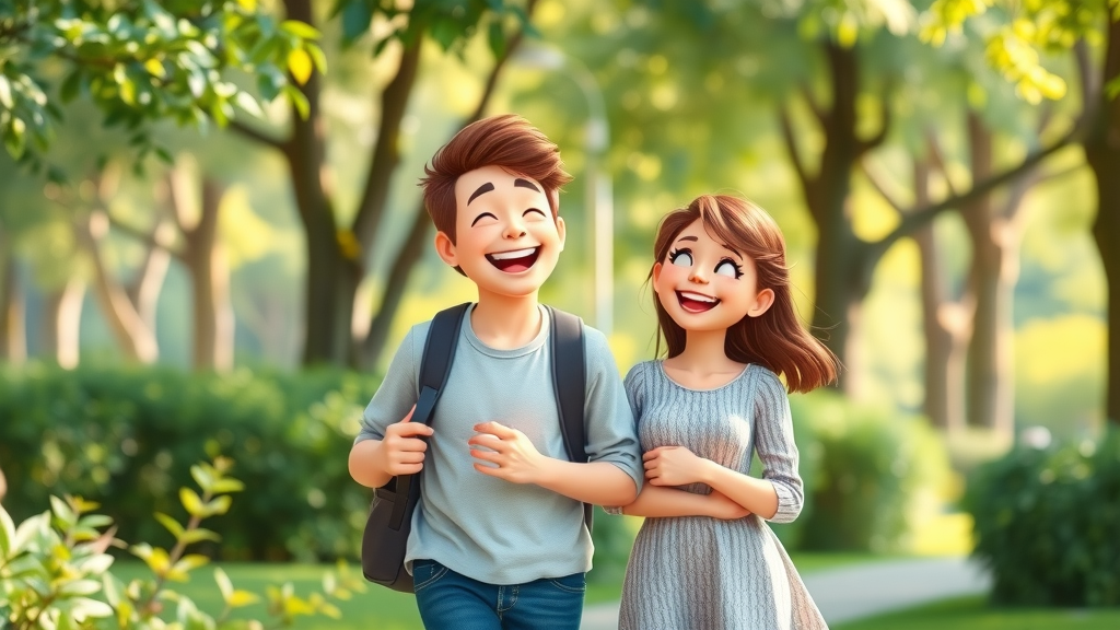 Happy couple enjoying leisure time, balancing work and life by walking in a park