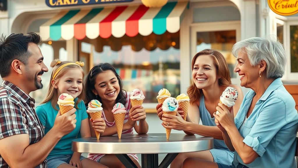 Ice Cream parlor in Sisters Oregon - families enjoying cones and comfort food outdoors on a summer day