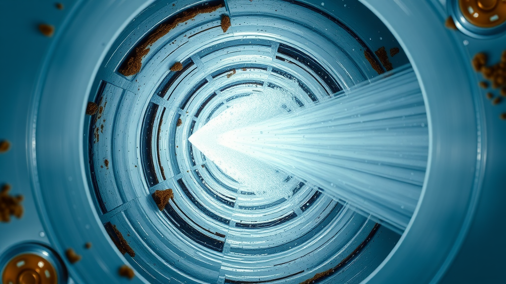 Photorealistic view of hydro-jetting benefits with water jet cleaning pipe interior