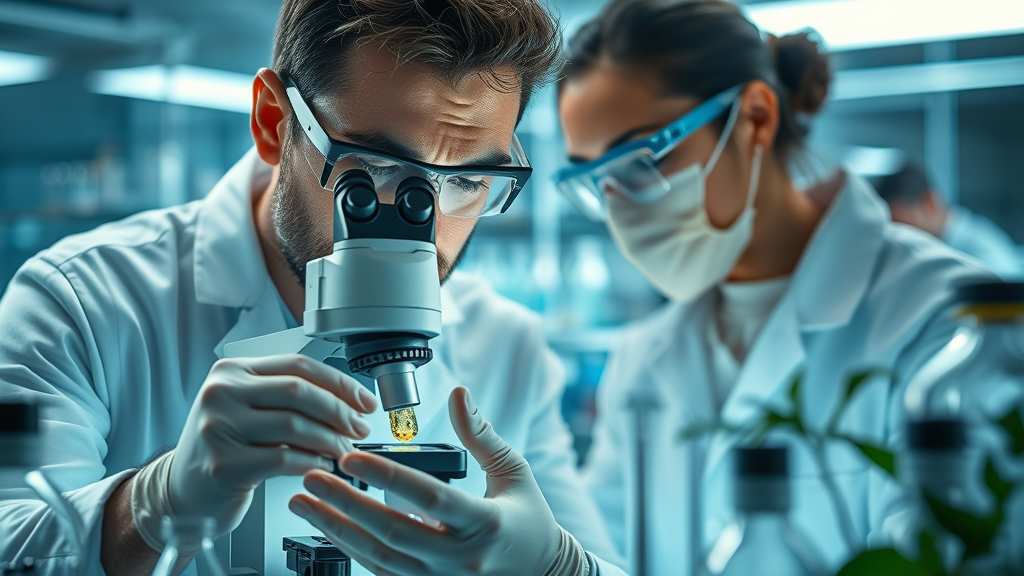 Modern laboratory research on adaptogenic herbs, scientist examining chinese herbal medicine extracts under the microscope for evidence-based hormone health.