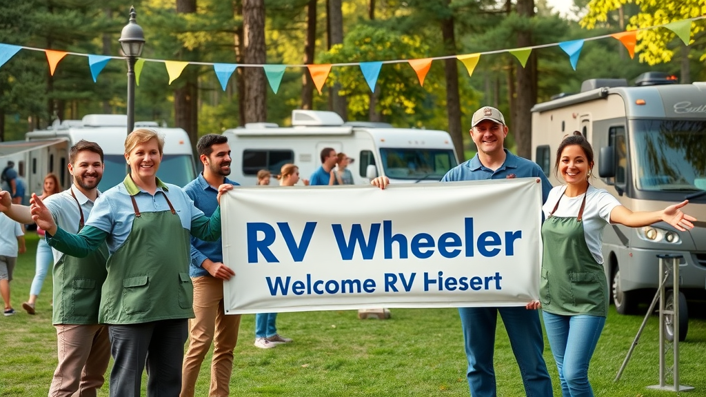 Campground staff posting peer-to-peer RV sales expert posters at RV parks