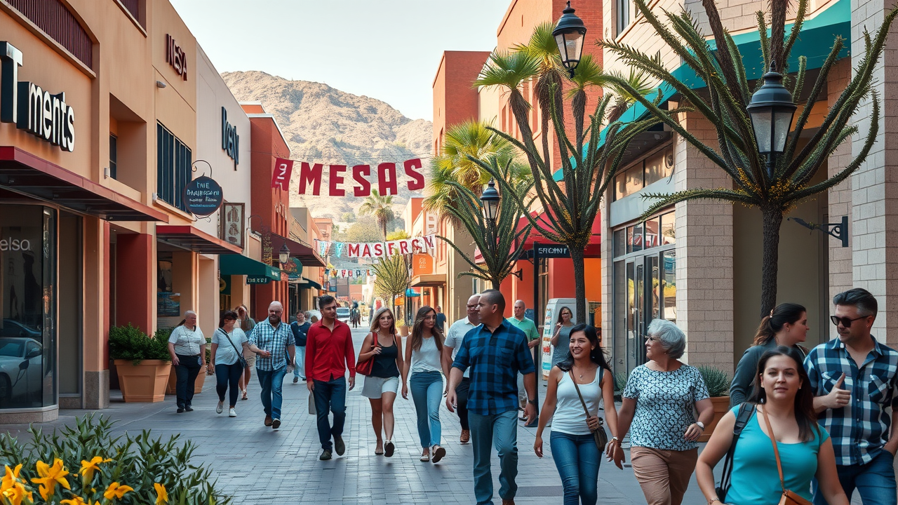 vibrant downtown Mesa Arizona business directory street scene with bustling businesses and people, photorealistic Mesa thriving retail district, natural sunlight, warm colors