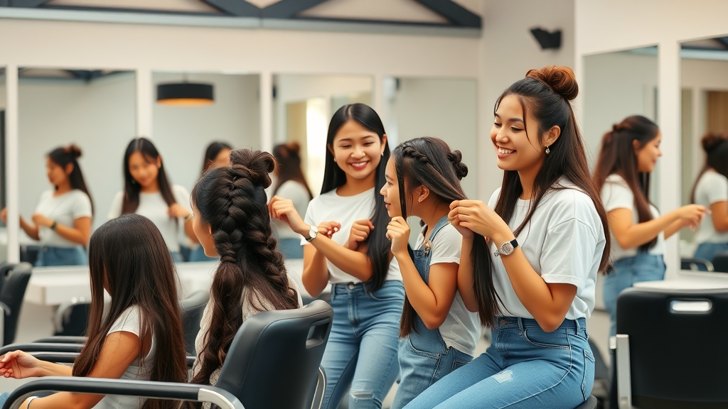 Vibrant urban hair salon with Filipino women and stylists chatting and demonstrating braiding techniques in Olongapo