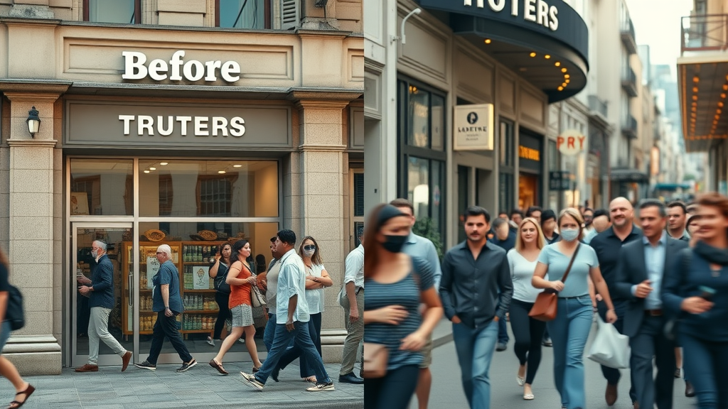 Small business storefront before and after affordable marketing solutions, showcasing transformation with increased customer traffic