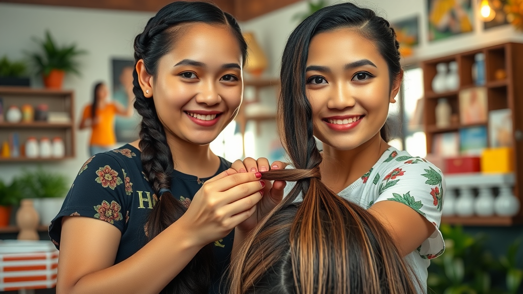 vibrant Filipino hair braiding salon with friendly stylist delicately braiding client