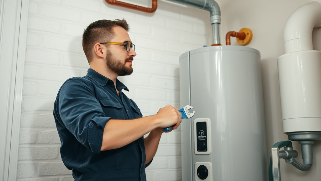 Plumber performing professional water heater repair in clean utility room