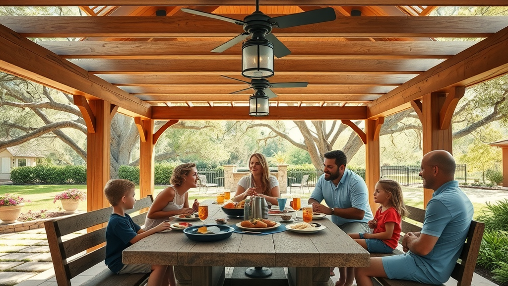 Family entertaining under a pergola Houston in a classic Texas backyard